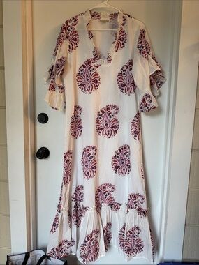 FITZROY AND WILLA Soleil Dress white ruffle paisley resort large cotton
